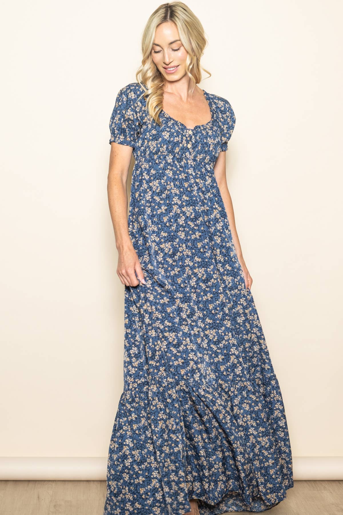 Elloh Collection - Wholesale Dress - Women's - Romantic Puff Sleeve Wide Flare Empire Maxi Dress w Pockets12