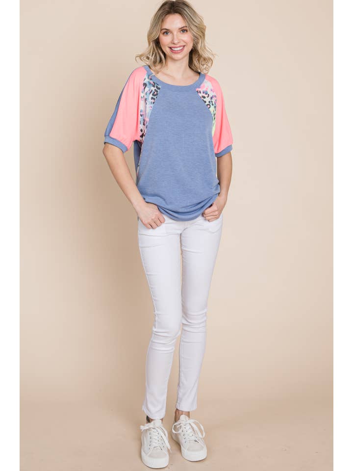 ETK-8752-PL Plus Size Neon Animal Print Contrast Casual Top for wholesale on Faire