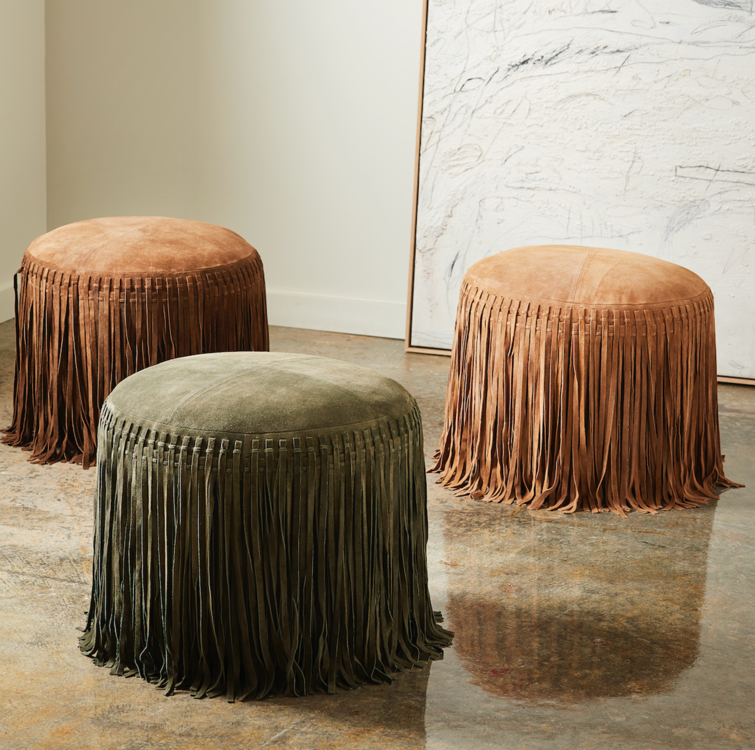 Liam & Lana - Wholesale Pouf - Suede Pouf w/ Fringe - Olive1