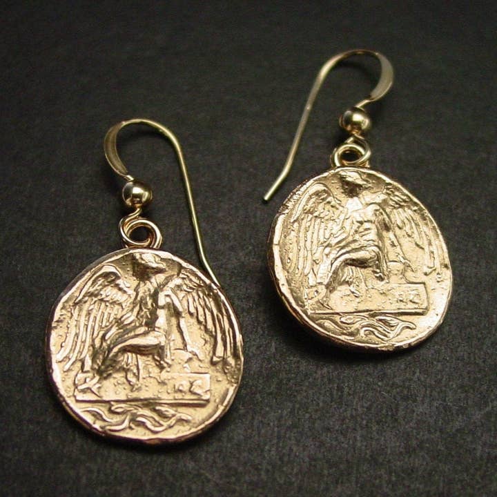 Nike Goddess of Victory Coin Earrings for wholesale by Vis a Vis Jewelry