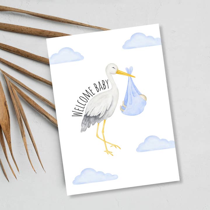 New Baby Card | Watercolor Stork | Welcome Baby Design for wholesale by JoeyPrints