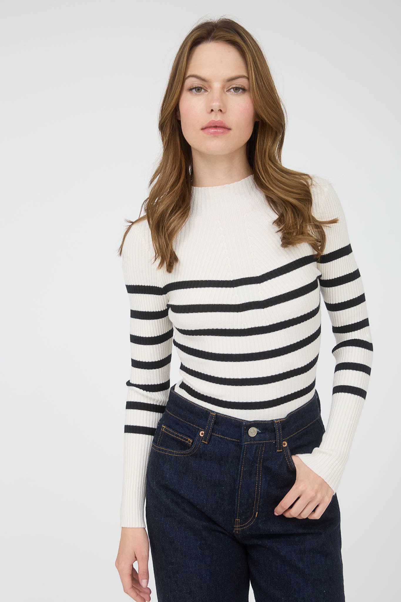 The Workshop Studio - Wholesale Knit Sweater - Women's - MOCK NECK STRIPE LONG SLEEVE SWEATER KNIT PULLOVER20