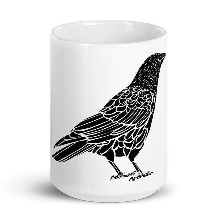 Kaffemugg Med En Kråka Illustration Trä Cut för wholesale av Bellavance Ink