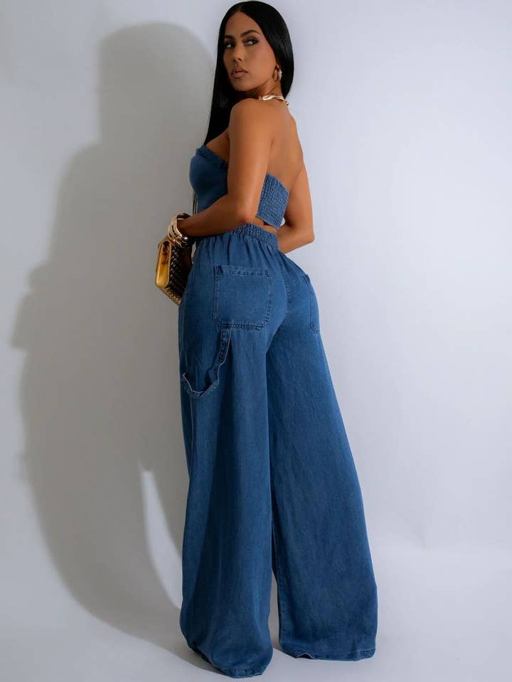 Blue Women Fashion Casual Denim Tube Top Wide Leg Lace-Up Jeans Set for wholesale on Faire2
