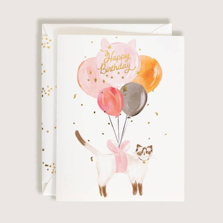 Happy Birthday Balloon Cat with Gold Confetti Greeting Card for wholesale by The First Snow