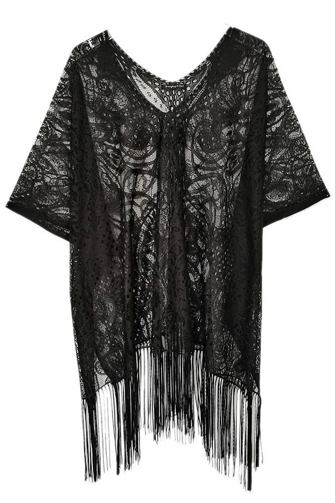 Hana - Vente Cache-maillot – femme - Poncho d'été à franges en dentelle à feuilles et couverture de plage1