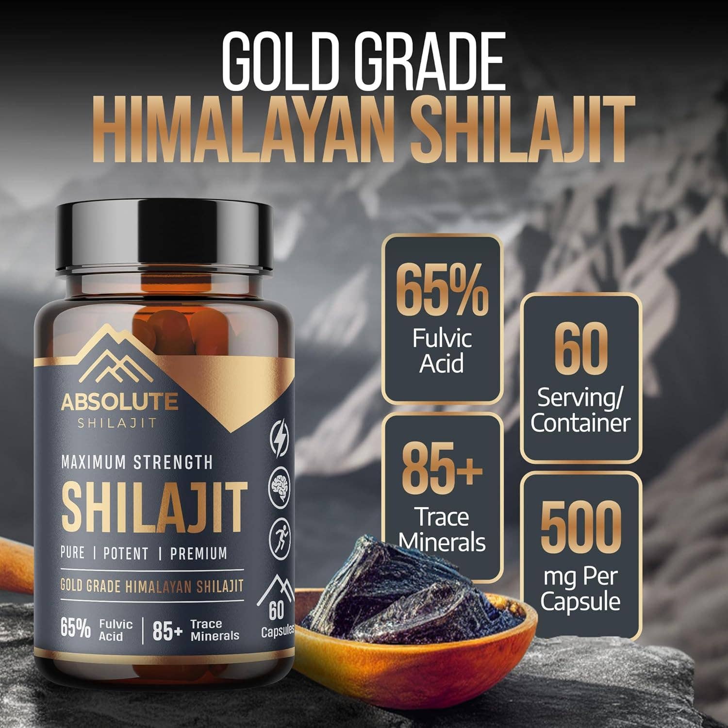 Nutra Brands – wholesale Oral supplement/vitamin – Absolute Shilajit 500mg | 60 Vegan Capsules4