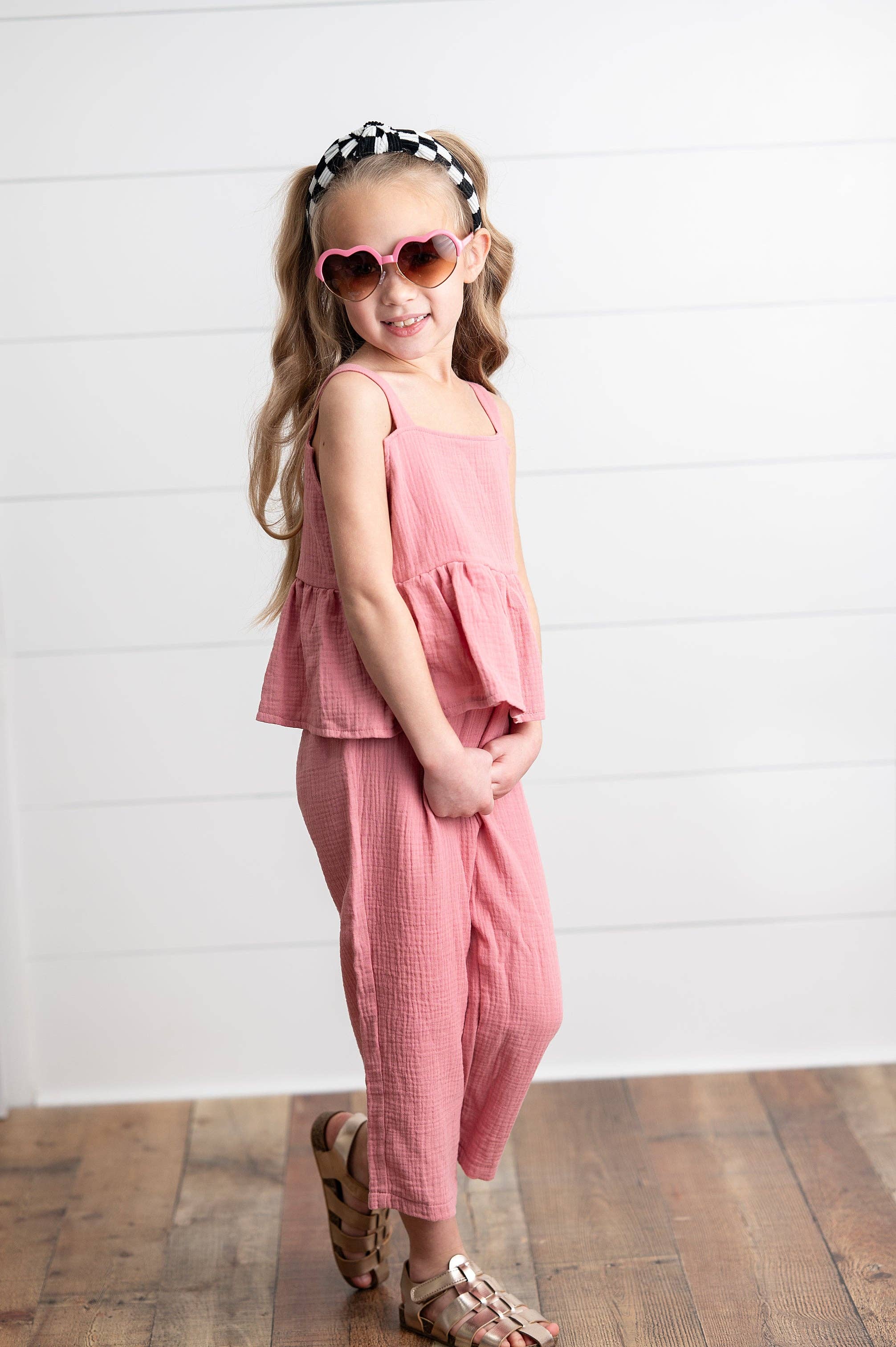 Wren & James - Wholesale Top & Pant Set - Kids - Girls Dusty Pink Gauze Weave Ruffle Spring Summer Set4