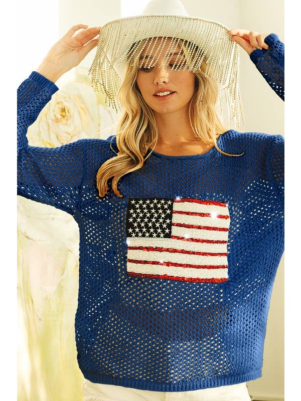 Vanilla Monkey - Wholesale Swim Cover Up - Women's - Sequin American Flag Patch Open Knit Cover Up