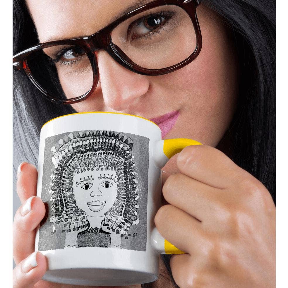 3dRose - Wholesale Coffee Mug - 3dRose, Beads all over in a hairdo unsaturated wth curly eybrows on a girl, Mug1