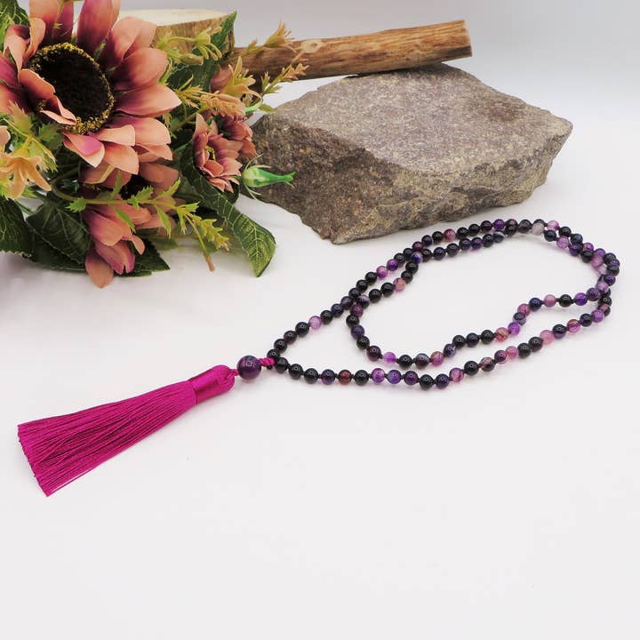 Atisha Spiritual Shop - Wholesale Beaded/Pearl Necklace - LHAMO ~ JAPAMALA 108 beads in FIRE AGATE, PURPLE AGATE AND MULTICOLOR STRIPED AGATE, LAPIS LAZULI AGATE2