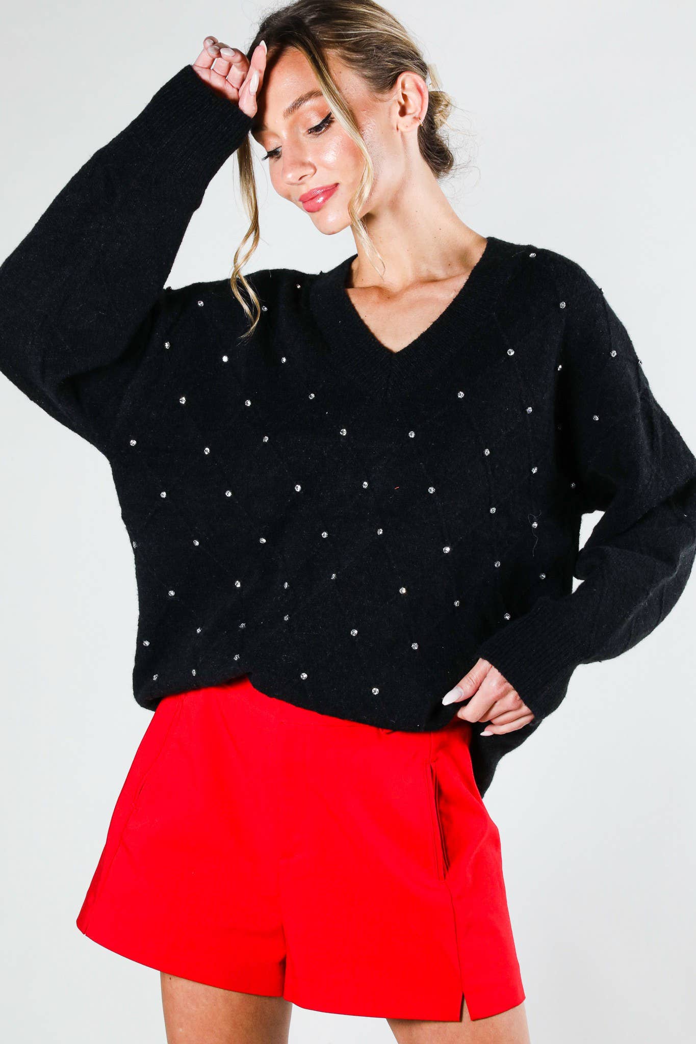 Vine & Love - Vendita all'ingrosso Maglione tricot - Donna - Maglione a maglia con scollo a V e accenti di strass a rombi VT81546-0