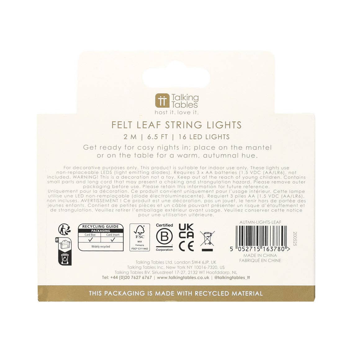 Talking Tables EU - Wholesale String Lights - Autumn Hues Felt Leaf String Lights - 2m4