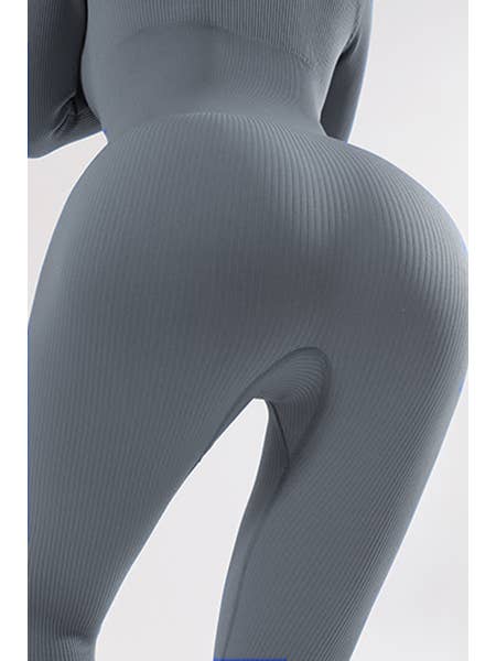 Color 5 - Wholesale Jumpsuit - Women's - Solid gray color seamless ribbed long sleeve jumpsuit4