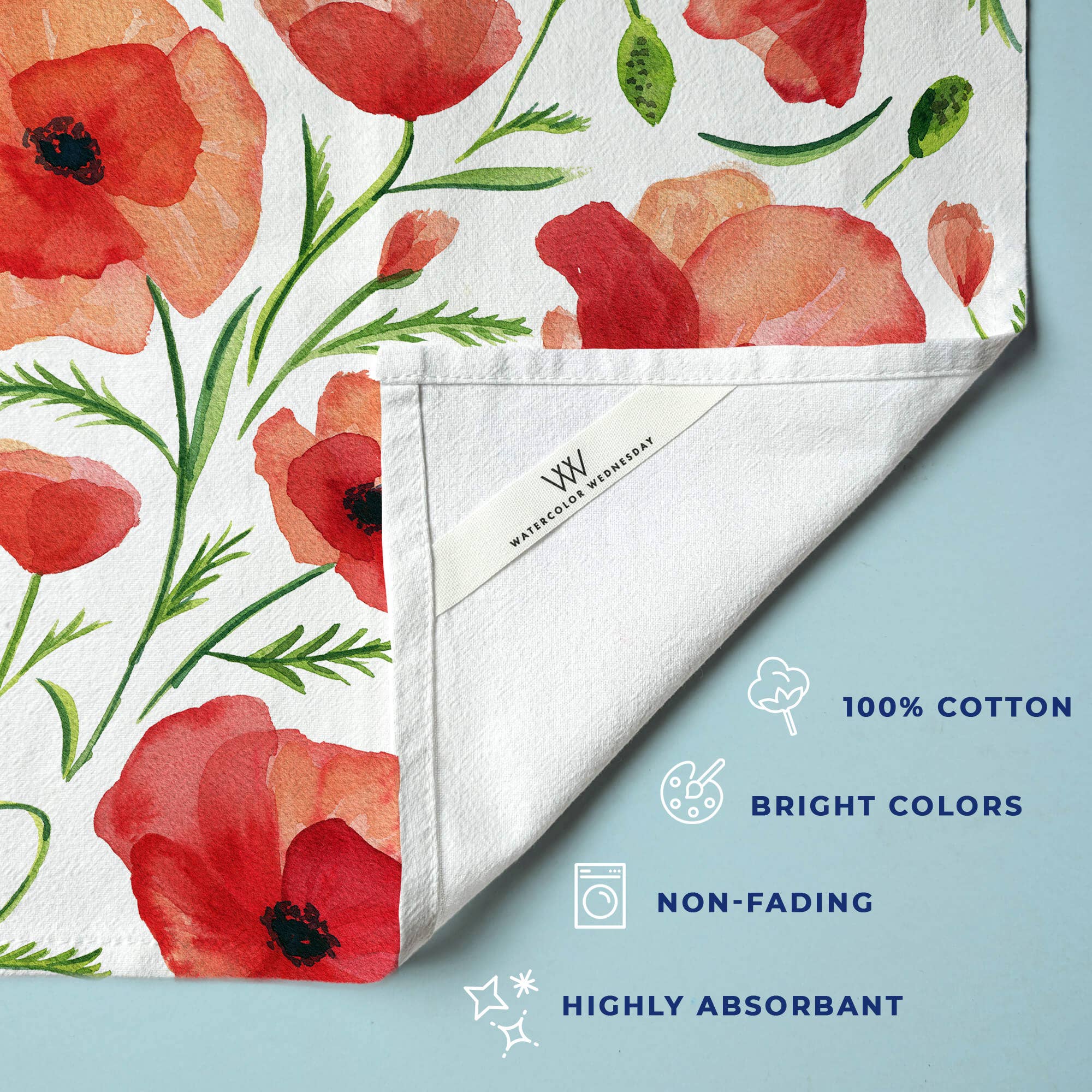 Watercolor Wednesday – wholesale Tea towel – Red Poppy Tea Towel | Watercolor Wildflower Kitchen Towel2
