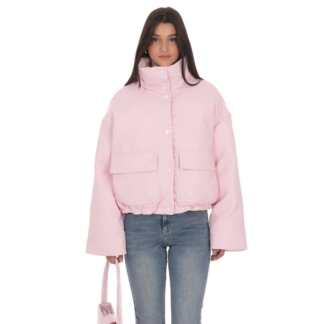 Lucy In The Sky - Wholesale Dress - Women's - High Collar Cropped Puffer Jacket in Pink0