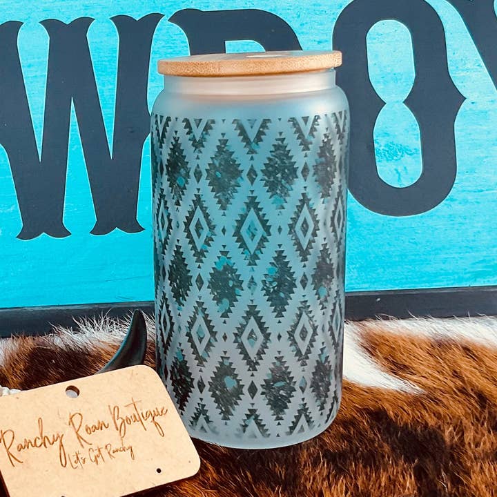Tribal Acid Turquoise 16oz Frosted Glass Tumbler for wholesale by Ranchy Roan Boutique