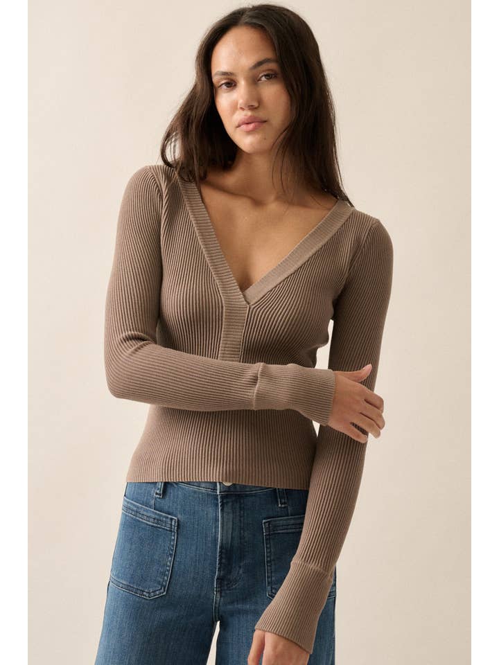 Promesa USA - Wholesale Gebreide top - Dames - Shaper Fit Solid Ribknit Deep-V top met lange mouwen0