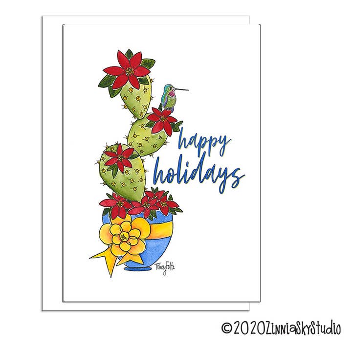 Hummingbird Cactus Flowers | Happy Holidays Card for wholesale by Zinnia Sky Studio LLC