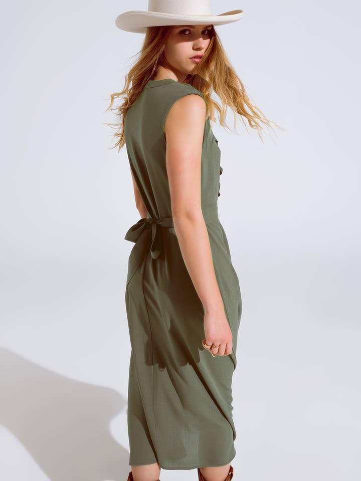 Green Maxi dress in khaki with ruffle and button detail for wholesale on Faire3