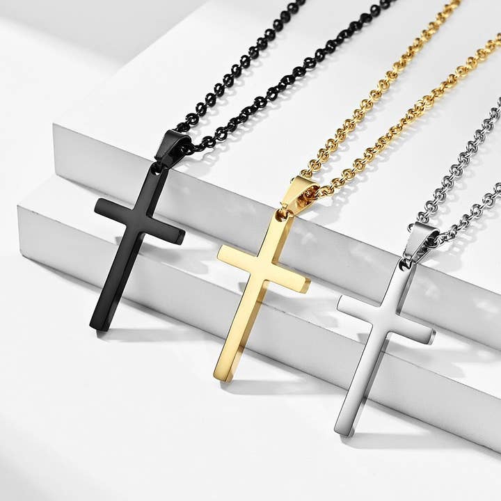 Perimade & Co. LLC - Wholesale Pendant/Charm Necklace - Mens Cross Charm Pendant Necklace in Stainless Steel