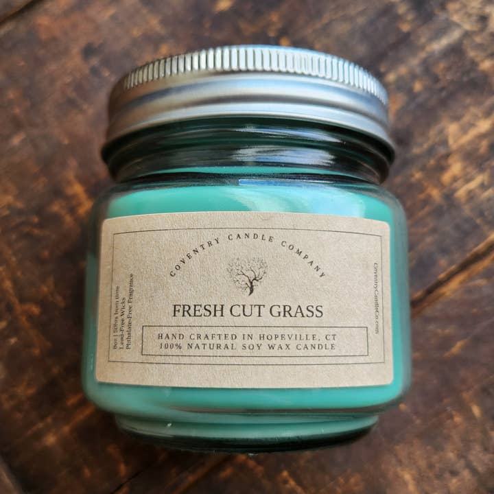 Fresh Cut Grass 8oz soy candle for wholesale by Coventry Candle Company
