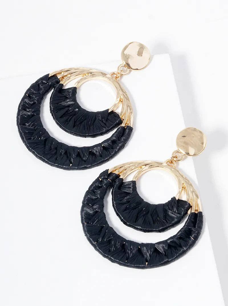 Wild Honey - Wholesale Dangle Earrings - Raffia Wrapped Double Circle Dangle Post Earrings1