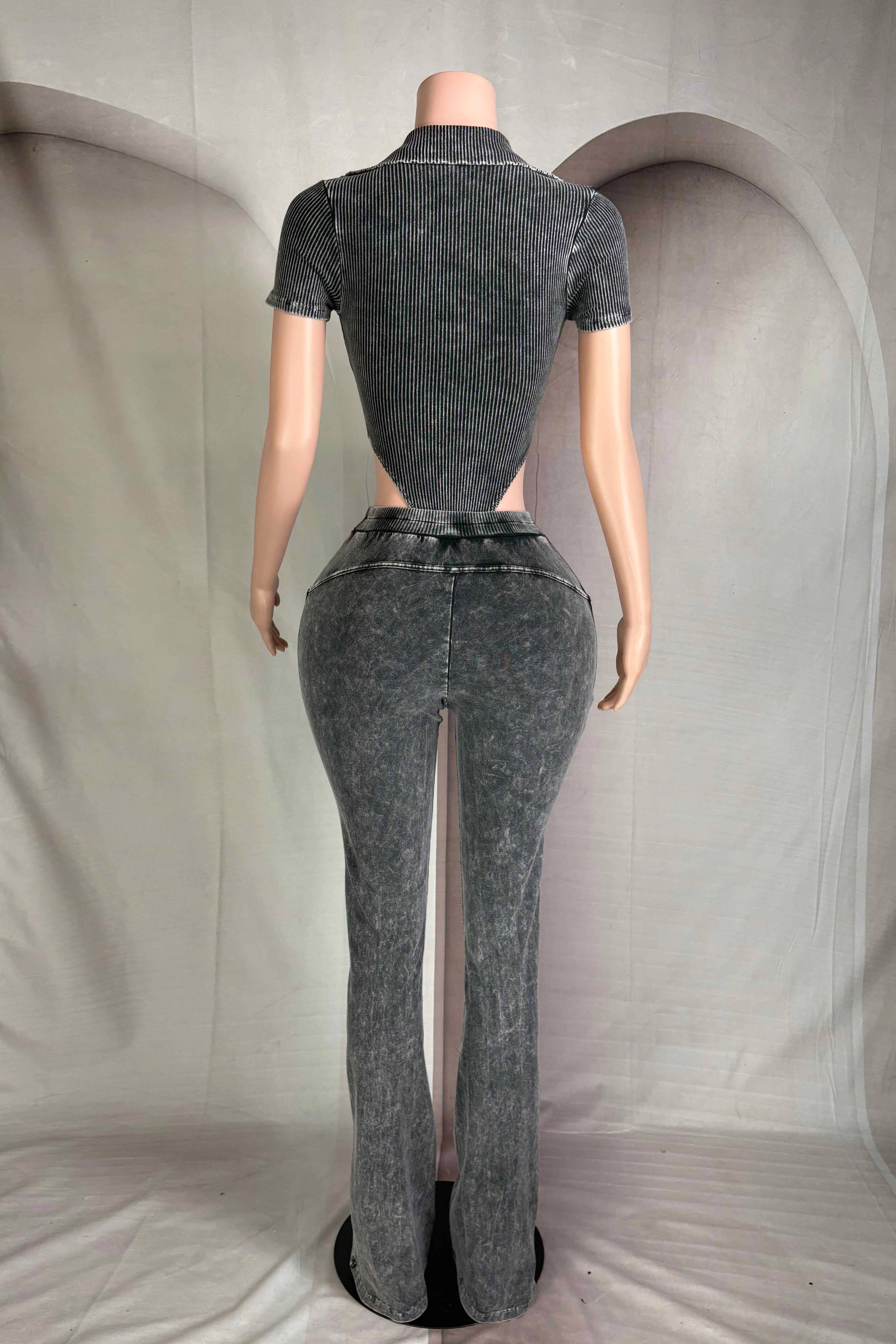 Dalia Studio - Wholesale Top & Pant Set (NOT Loungewear) - Women's - MINERAL WASH DEEP-V COLLARED BODYSUIT & PANT SET2