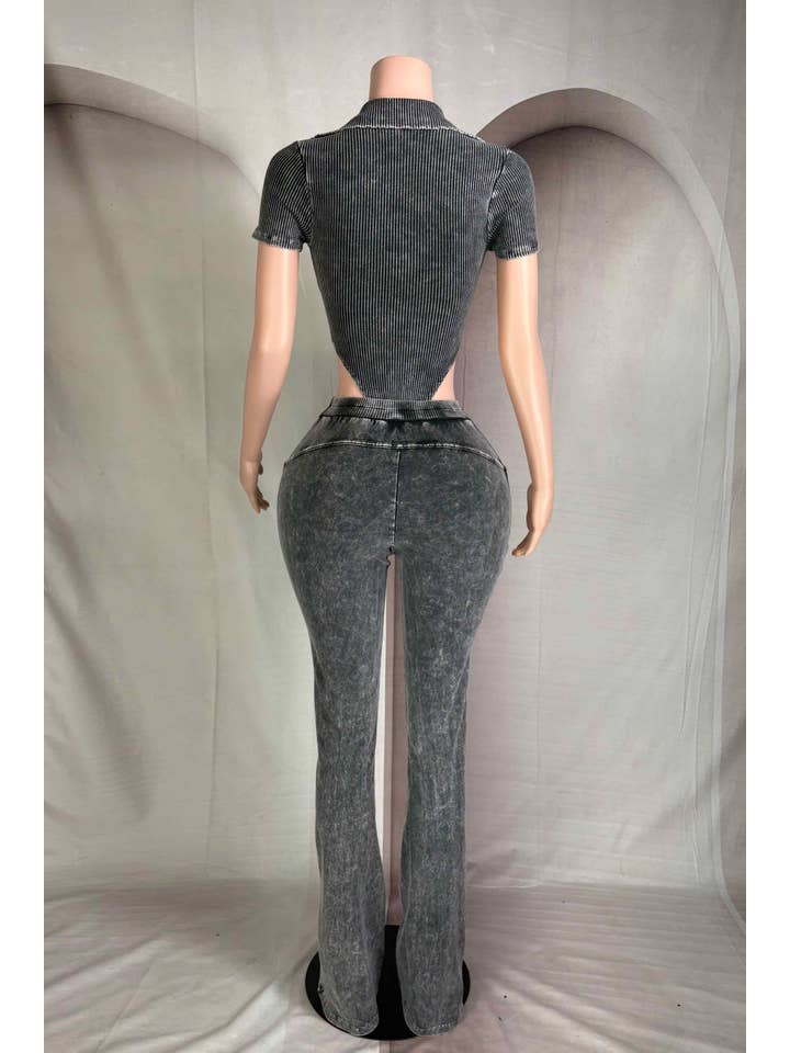 Dalia Studio - Wholesale Top & Pant Set (NOT Loungewear) - Women's - MINERAL WASH DEEP-V COLLARED BODYSUIT & PANT SET2