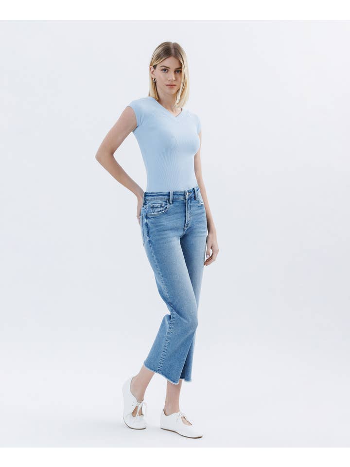 SENSATIONAL HIGH RISE RAW HEM CROP SLIM WIDE LEG JEANS LV1687 for wholesale on Faire