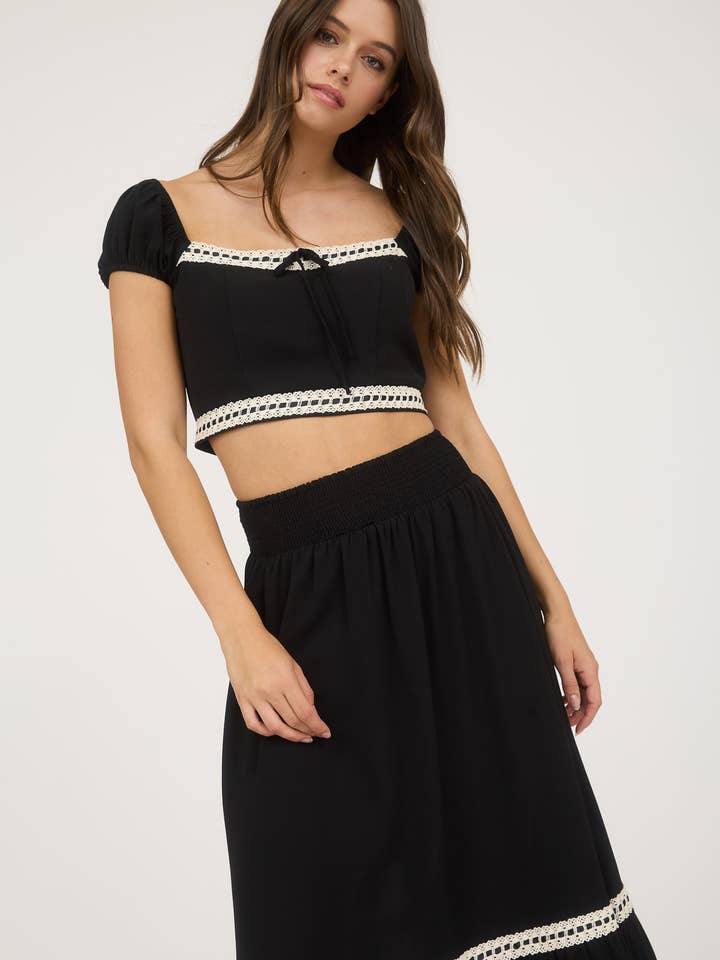 Blu Pepper - Wholesale Skirt - Women's - CONTRAST LACE TRIM SMOCKED WAIST MIDI SKIRT