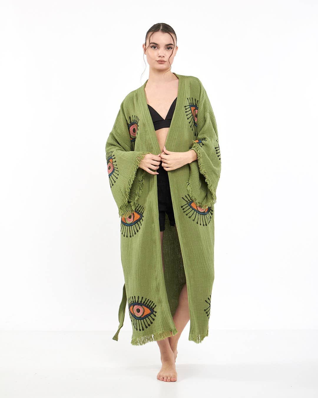 Yaz Concepts - Wholesale Kimono - Women's - Turkish Evil Eye Print Olive Green Robe Festival Kimono Gown2