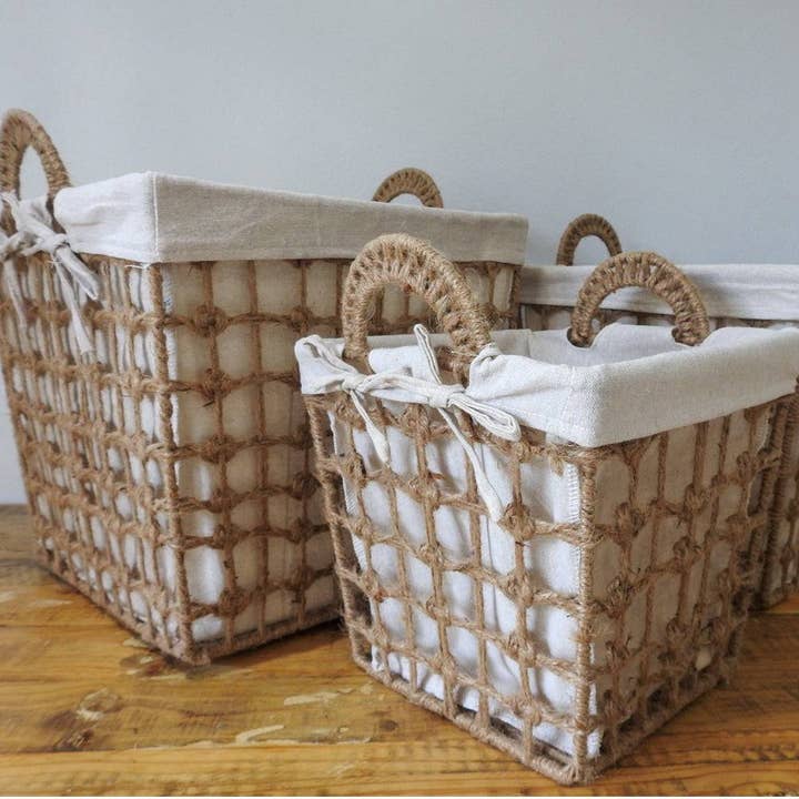 Basketly - Wholesale Basket - Square Hemp Tied Wire Basket with Fabric Inner1