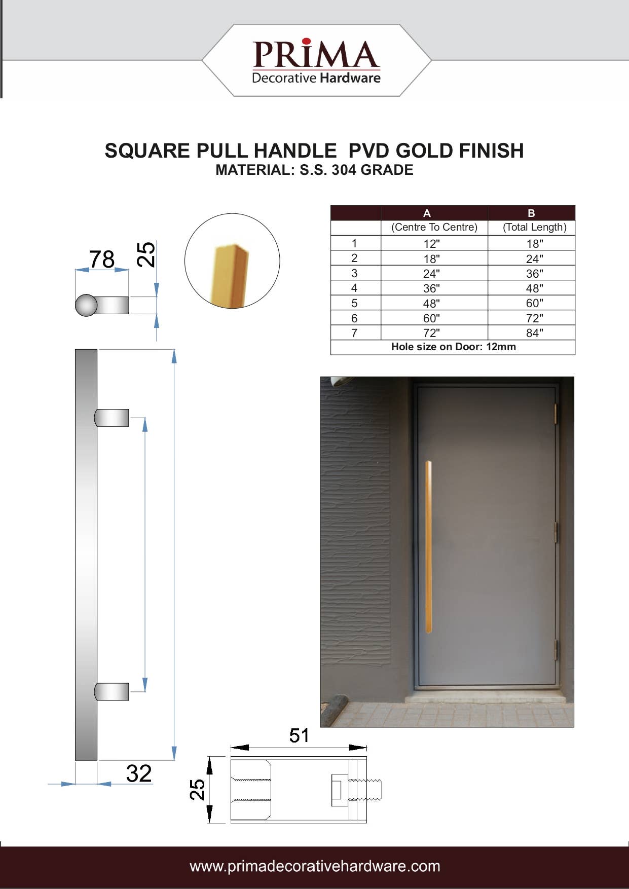 PRIMA DECORATIVE HARDWARE INC - Vendita all'ingrosso Manopola/pomello - Maniglia per Porta Quadrata 18" Lato Singolo Acciaio Oro6