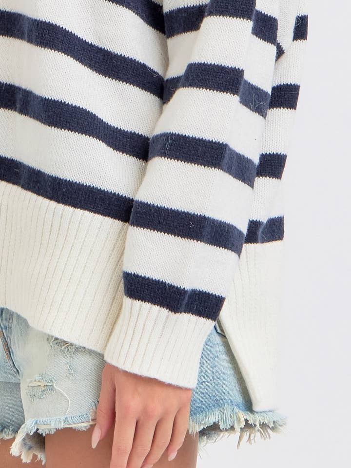 Sweet Lovely by Jen - Wholesale Knit Sweater - Women's - STRIPED ZIP-FRONT OVERSIZED PULLOVER KNIT SWEATER 23