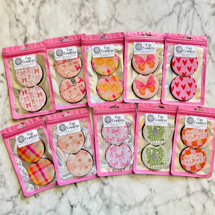 Bizzz Designs - Wholesale Car Coaster - Women's - Pink Bow Coquette Themed Car Coasters | Set of 10