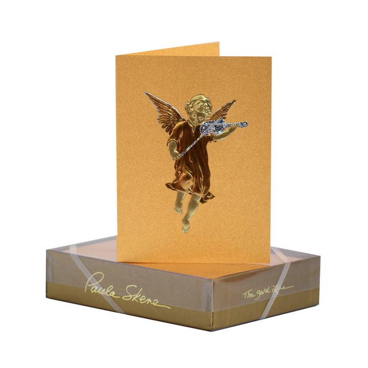 Angel With Violin on Gold Christmas Card for wholesale by PAULA SKENE DESIGNS