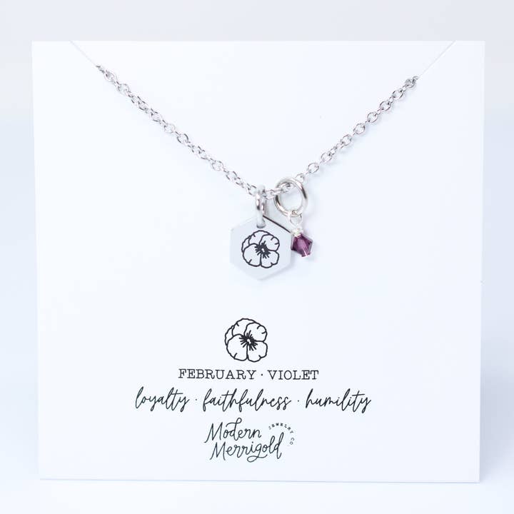Februar fødsel blomst sekskant Charm halskæde for engroshandel hos Modern Merrigold Jewelry Co