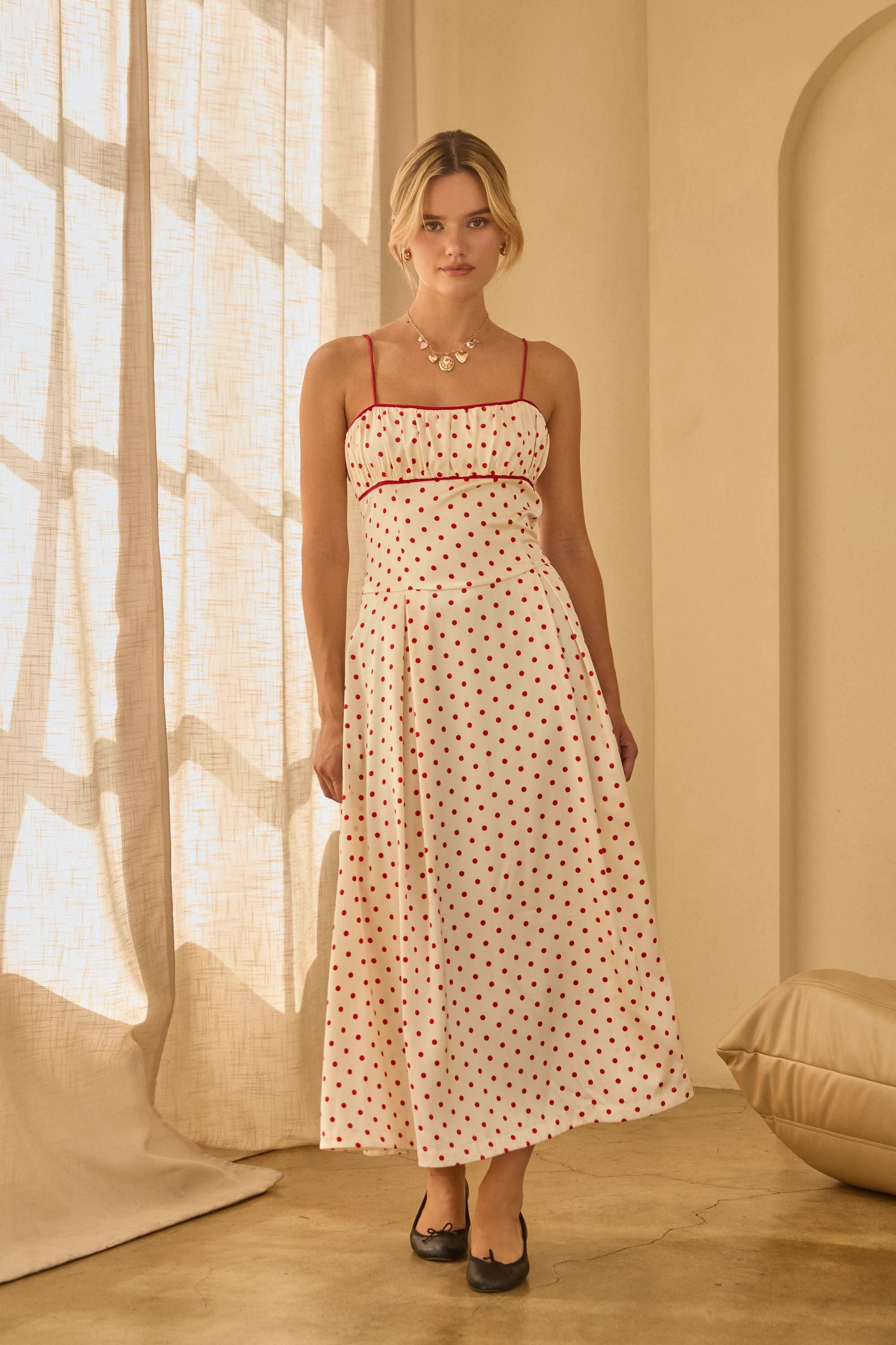 White Red Sleeveless Polka Dot Midi Dress with Contrast Piping for wholesale on Faire1