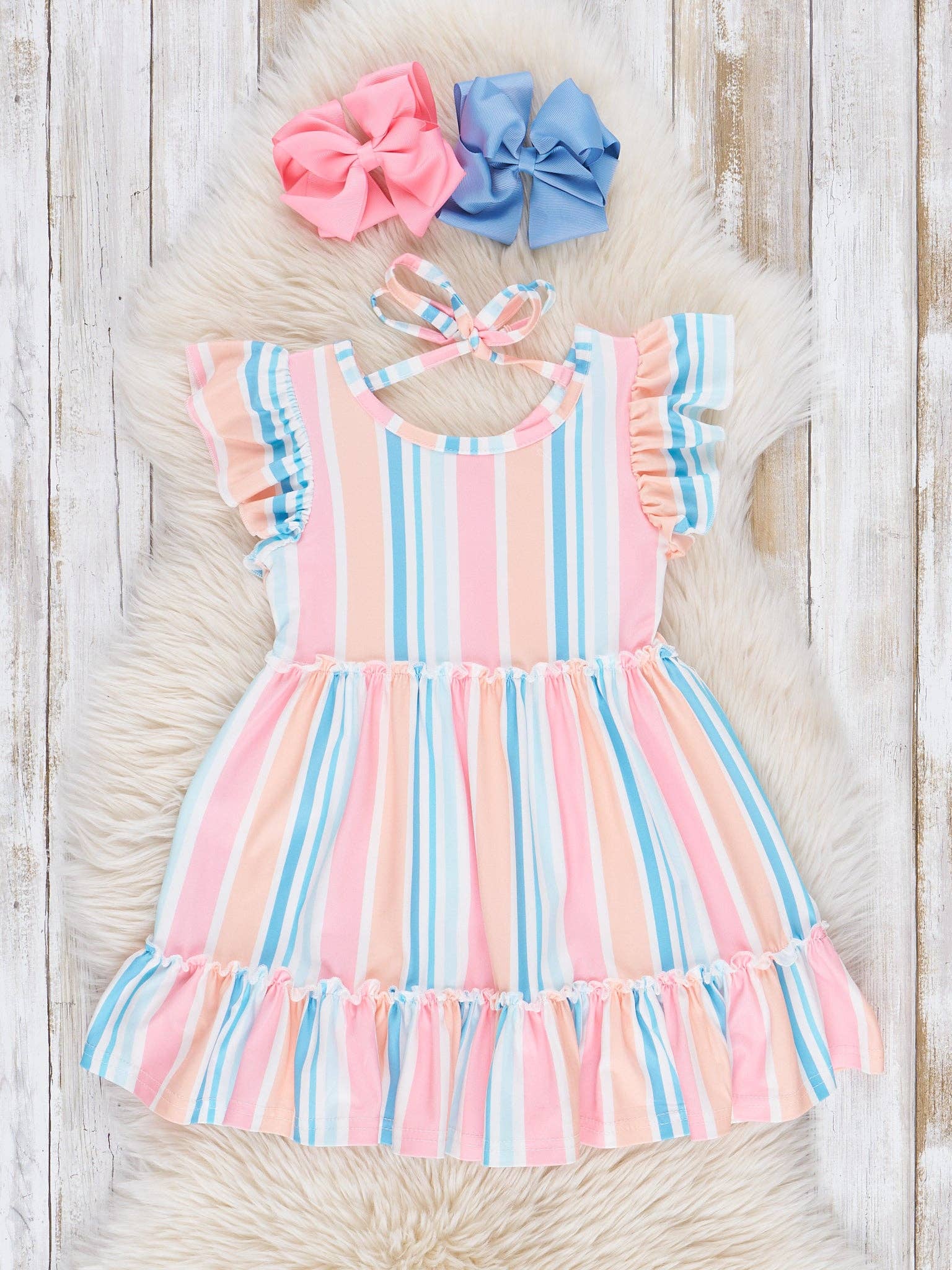 Marie Nicole Clothing - Wholesale Mommy & Me Sets - Mom & Me Day Bloom Tiered Stripe Ruffle Dress0