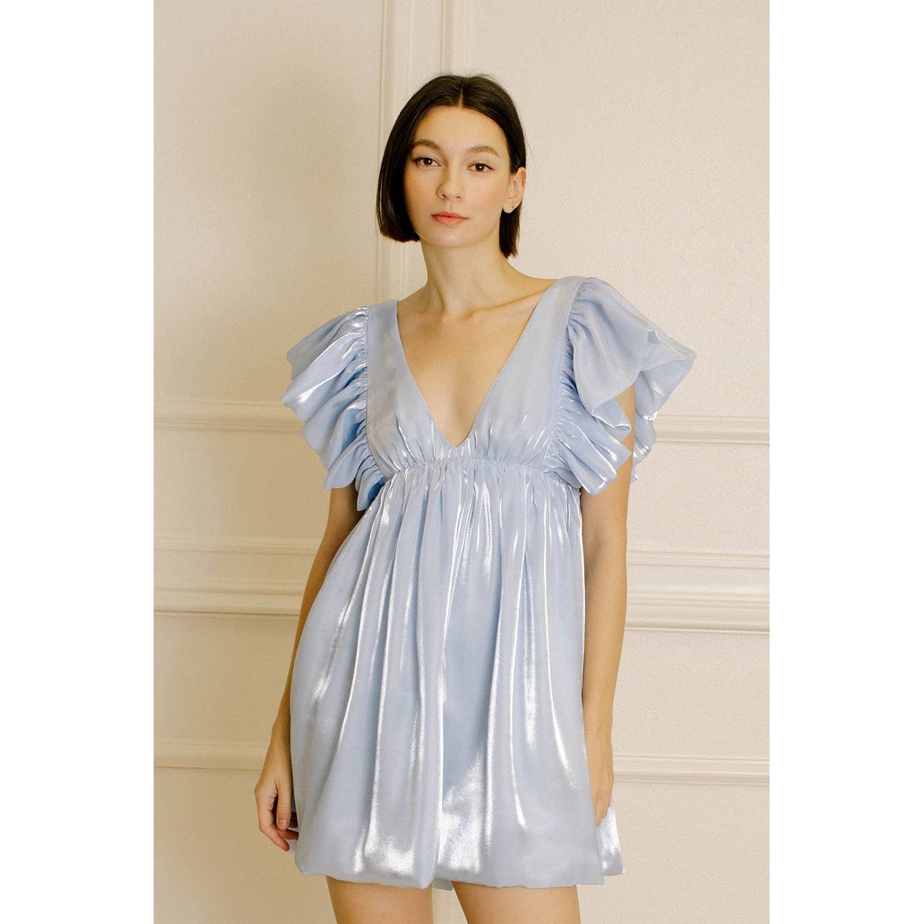 SKY BLUE HD2053BKP- MONOCHROMATIC PASTEL AND SHINY SHEEN MINI DRESS for wholesale on Faire9