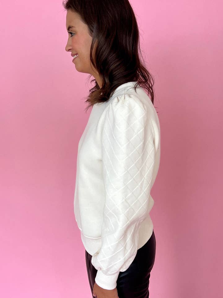 Blanco Sudadera blanca lisa con cuello redondo y manga abullonada de venta al por mayor en Faire