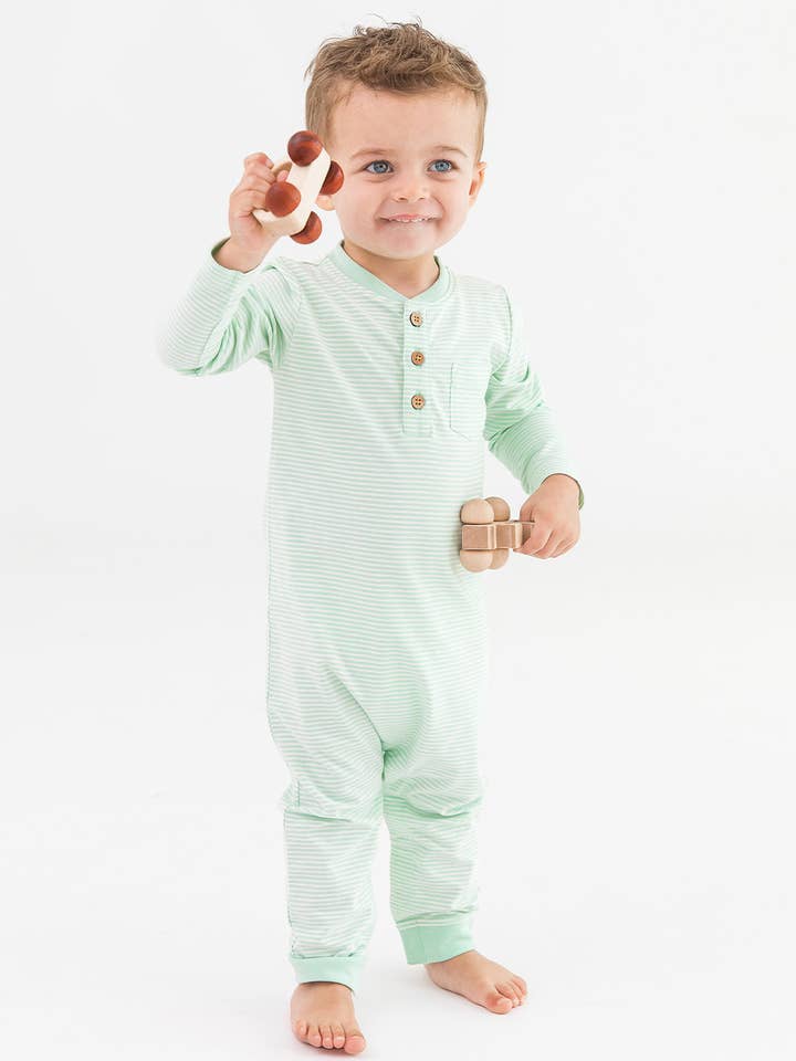 Green Baby Tiny Mint Stripe Knit Henley Pocket Romper
for wholesale on Faire6