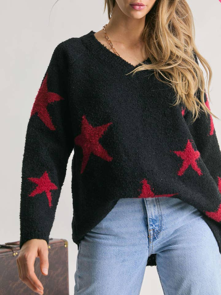 PLUS STAR PRINTED V NECK SWEATER for wholesale by Davi & Dani