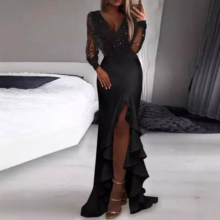 Mid Waist Sheer Sequin Bodycon Long Dress for wholesale by Sheer Trend