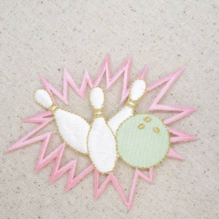 Pastel Pink Bowling Pins, Ball, Embroidered Iron on Patch for wholesale by Wholesale Applique