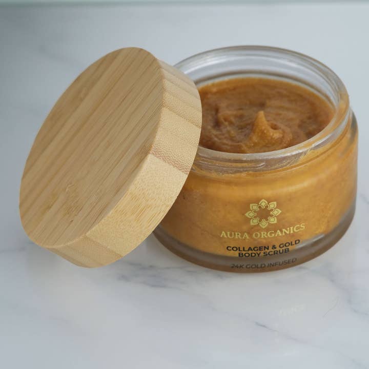 24 karat guld & kollagen kropsskrub for engroshandel hos Aura Organics Ltd