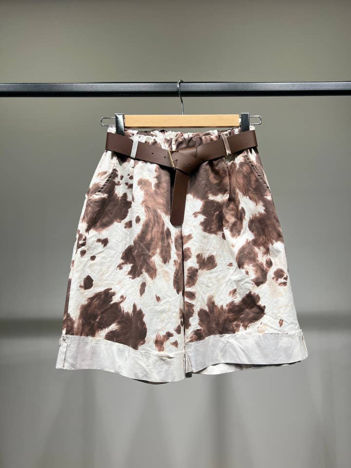 Beige Cow Print Short Bermuda Belted Hem Cotton Spandex for wholesale on Faire