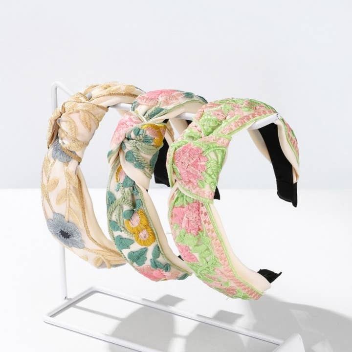 JOSSLYN by wall to wall - Wholesale Fashion Headband - Women's - FLORAL COTTAGECORE EMBROIDERY HAIR BAND HEADBAND | 40HB166