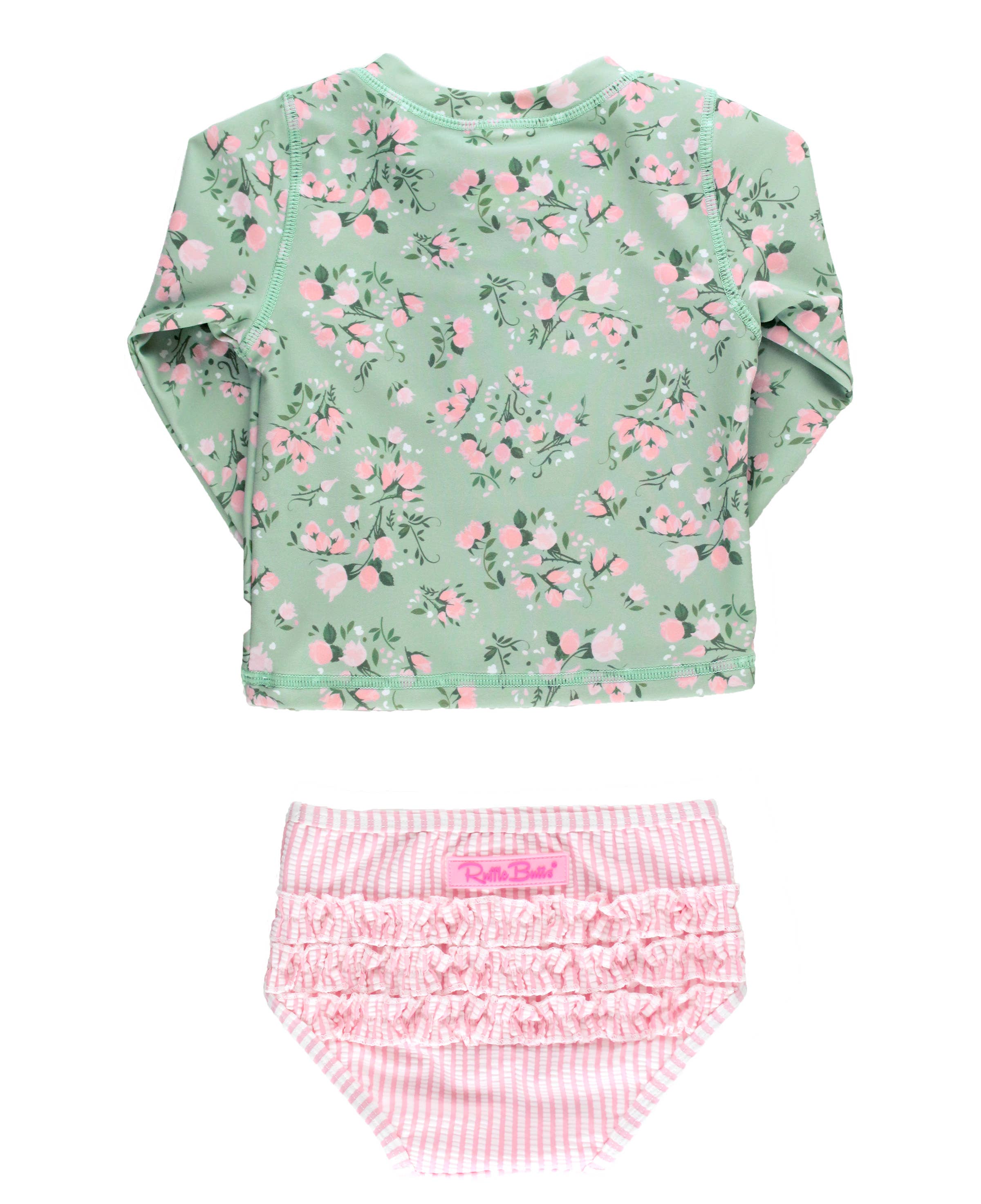 Groen Meisjes Theerozen Lange Mouw Rits Rash Guard 2-Delige Badpak met Kenmerkende Achterkant Ruches voor groothandel op Faire1